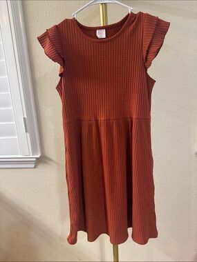 Rust Ribbed Flutter Sleeve Dress
